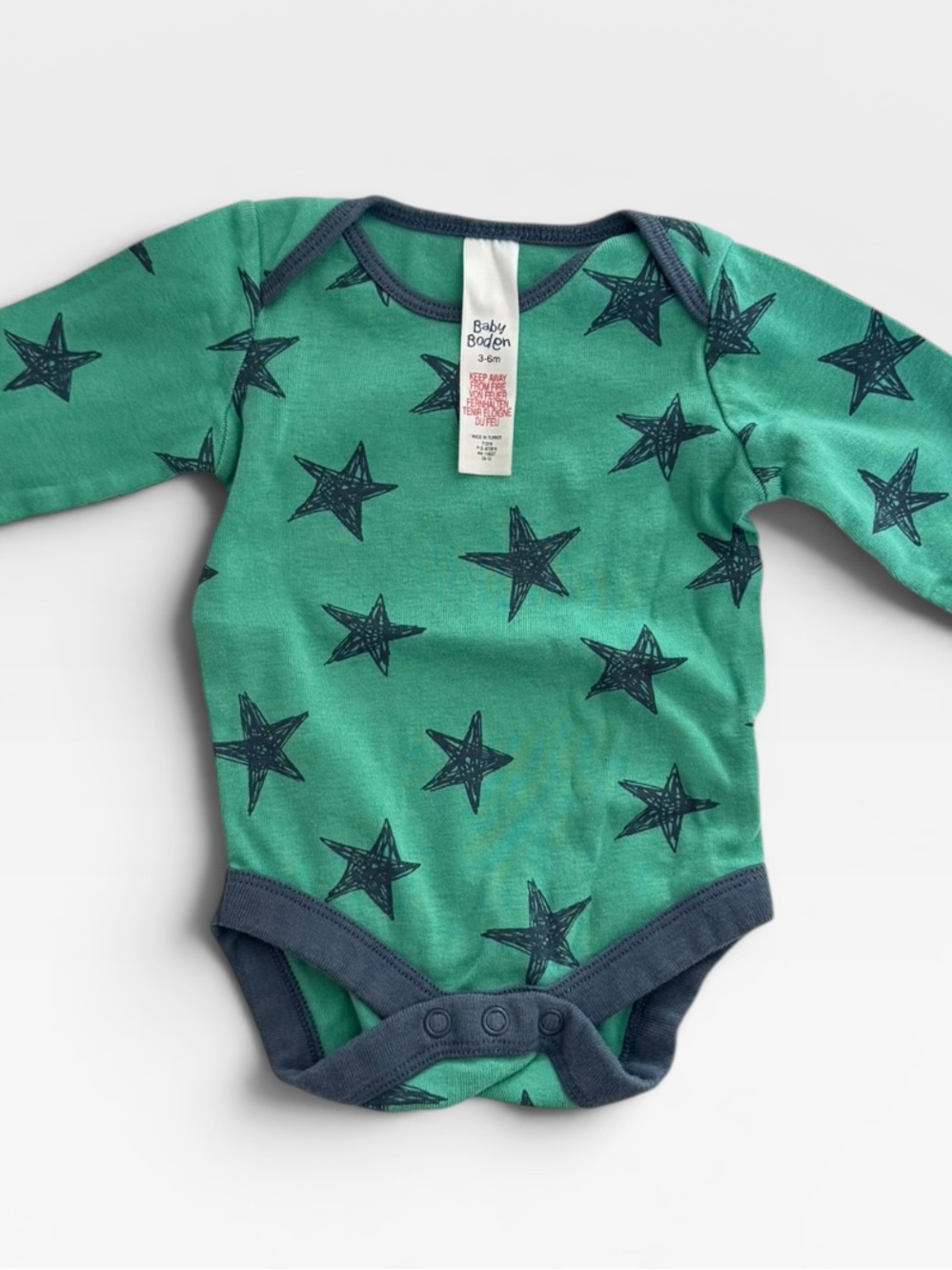Baby Boden Teal Star-Print Long Sleeve Bodysuit with Navy Trim